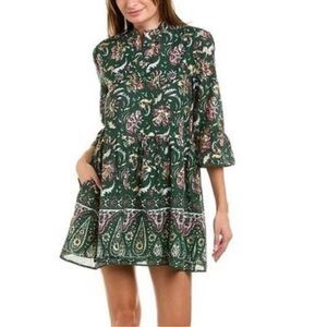 JUDE CONNALLY Emerald Green Metallic Paisley Floral Bohemian Tiered Swing Dress